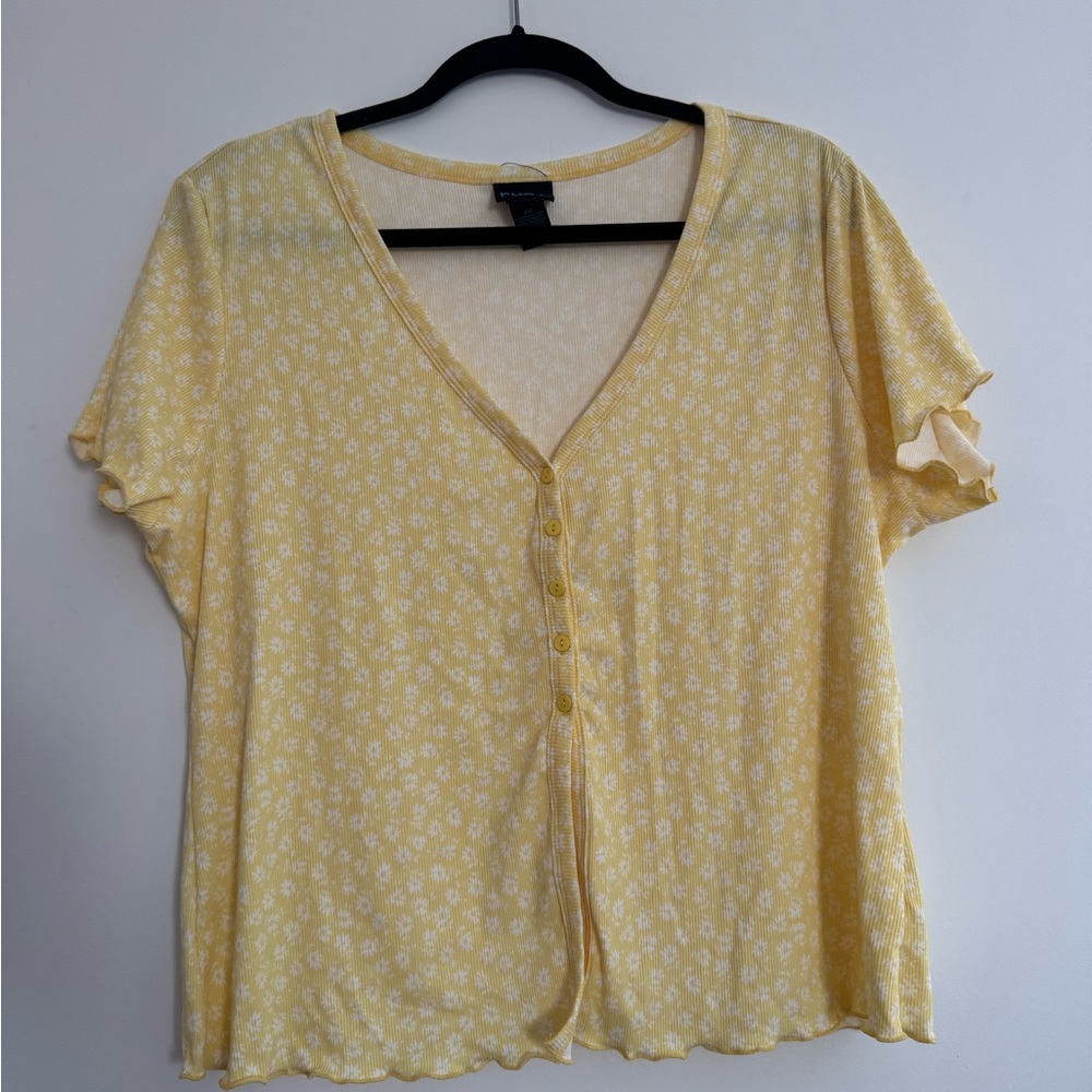 Yellow Floral Half Button-Up Crop Top